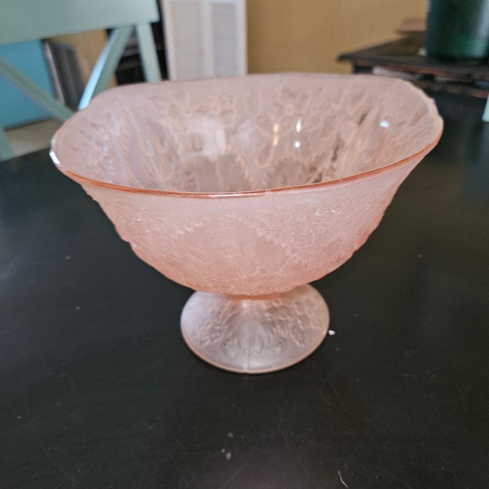 Pink Depression Glass Style Pedestal Bowl Frosted Pink Satin,